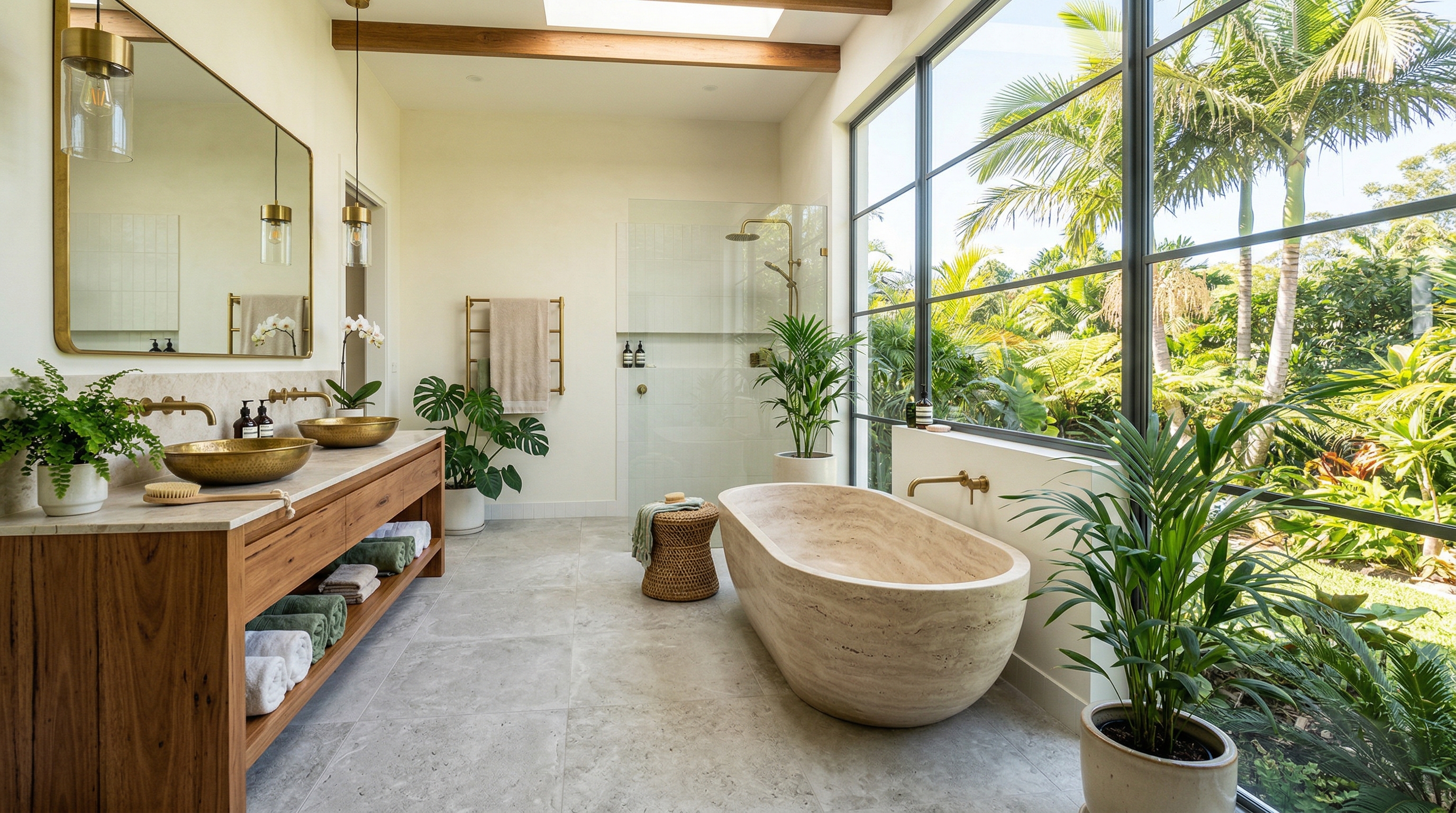 Tropical-modern Brisbane bathroom with stone bath